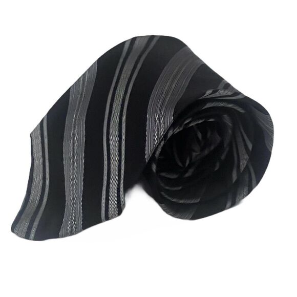2for25 DKNY Silk Tie Black Gray Striped Designer Business Casual Neutral Necktie - Picture 6 of 9